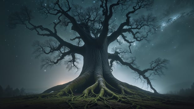 a mystical scene beneath a giant tree that stretches its roots deep into the stars photo