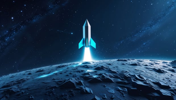 Polygonal rocket launching from planet surface into starry space photo