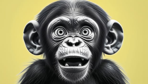 Surprised Shocked Baby Chimpanzee With Wide Open Mouth And Big Eyes On Yellow Background photo