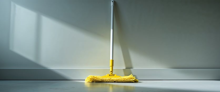 Yellow mop with a white handle is leaning on the floor photo