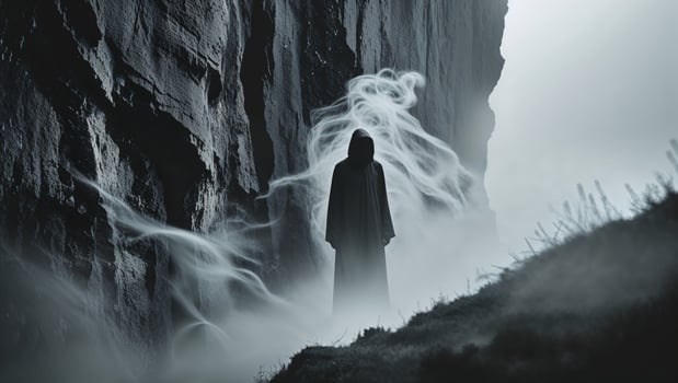 A person standing in front of a mountain with smoke coming out of it photo