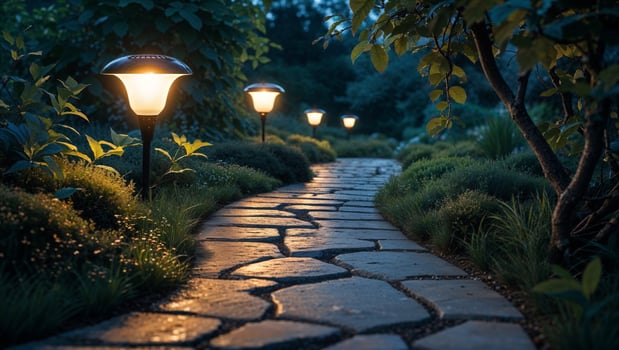 Charming Stone Walkway Illuminated by Solar Lamps in an Evening Garden Landscape Design photo