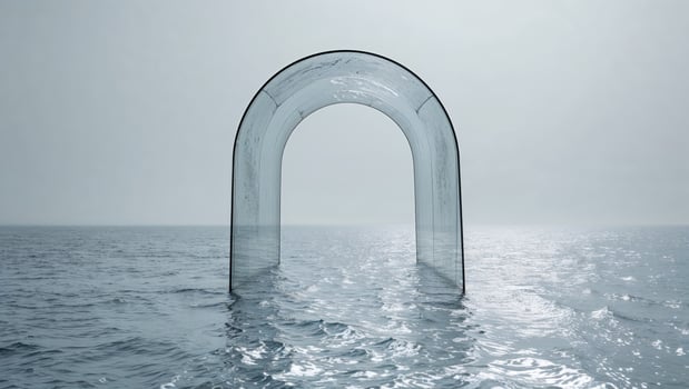 A large arch in the water with a large window photo