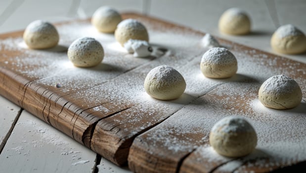 A wooden cutting board with white balls on it photo
