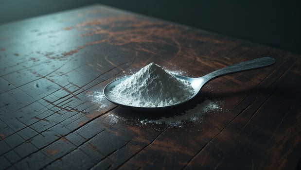 A spoon with sugar on top of a table photo