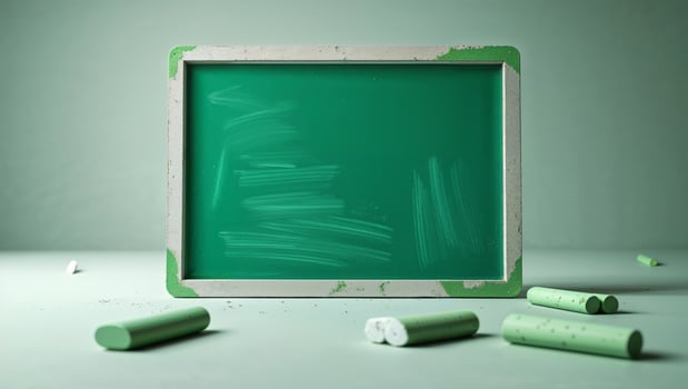 A green chalkboard with chalk on it and some green crayons photo