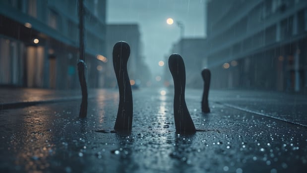 A group of metal poles in the rain photo