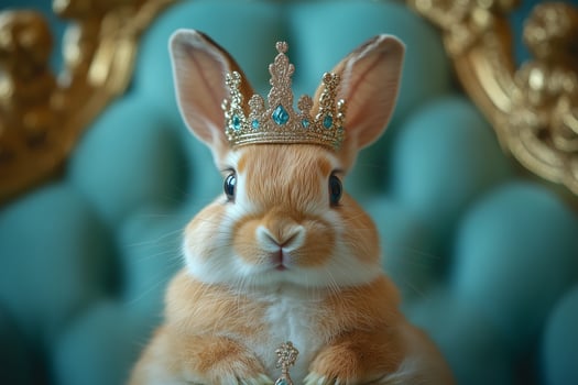 A tiny rabbit in a crown sits on a royal throne, full of confidence and charm, in a whimsical studio setup photo
