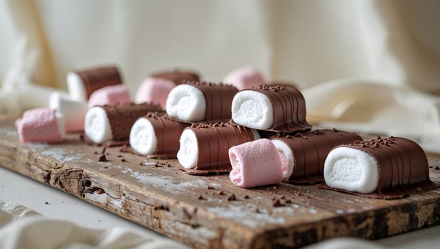 Chocolate covered marshmallows on a wooden board photo