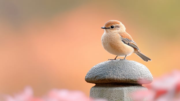 Small brown bird perches on stone surface. Bird looks peacefully at the distance with soft pink blurred garden background. photo