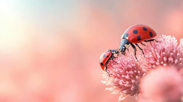Two ladybugs resting on pink flower blossoms. Gardening concept. Close view of small insect on plant. Bright background. Soft colors of nature. photo