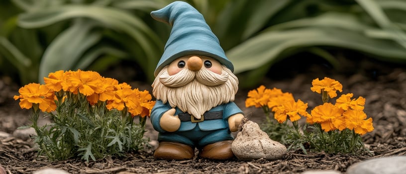 Garden gnome stands near orange blossoms. Small figure in garden. Gnome with beard and blue clothes. Outdoor scene depicts backyard gardening. photo