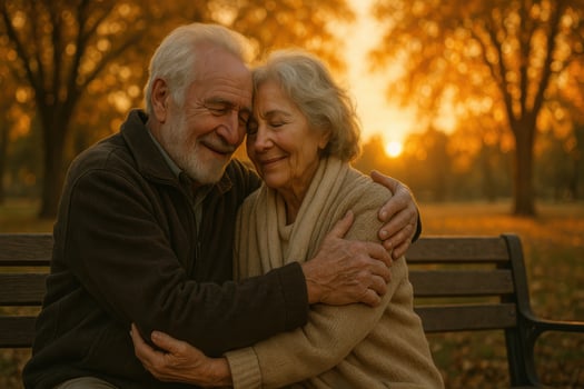 Elderly couple embraces lovingly on a park bench during golden sunset, surrounded by autumn trees glowing in warm, romantic light photo