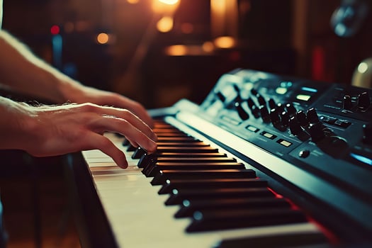 piano tuner adjusting instrument in music studio photo