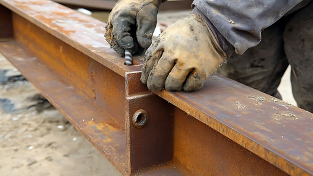 bridge builder securing bolts on steel beam photo
