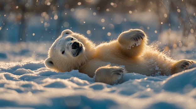 A polar bear laying in the snow photo