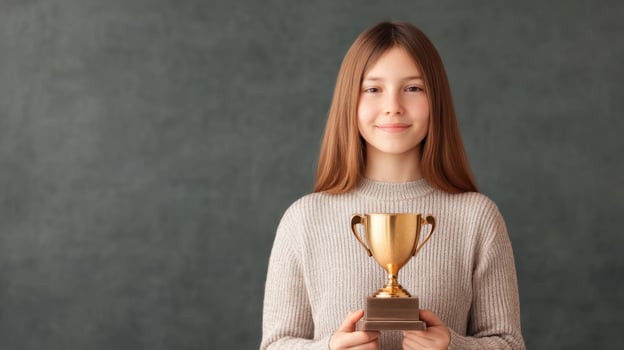 Young Girl Holding a Golden Trophy A Moment of Triumph and Pride photo