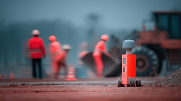 An environmental monitoring scene capturing the nuclear sniffer in use at a construction site with workers operating machinery in the background and the device prominently capturin photo