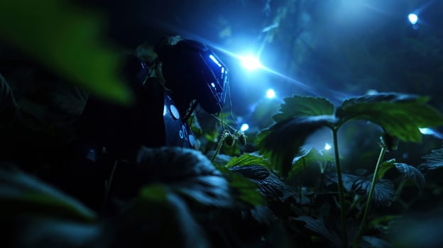 An artistic depiction of a farm robot engaging in pollination surrounded by lush green strawberry foliage with vibrant blue lights enhancing the atmosphere of the nighttime greenhouse photo