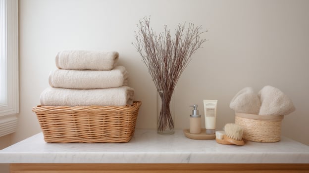 Neutral bathroom features soft towels, bamboo accessories, and rattan accents to create a peaceful ambience photo