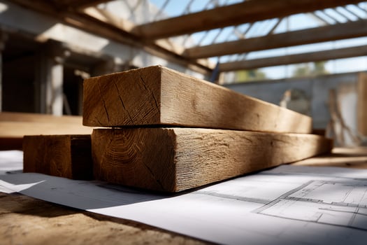 Stacked beams on blueprints, construction site photo