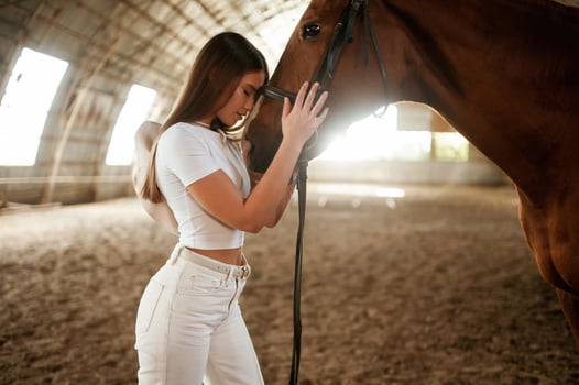 Side view, embracing ,the, animal.. Beautiful young woman is with horse indoors photo