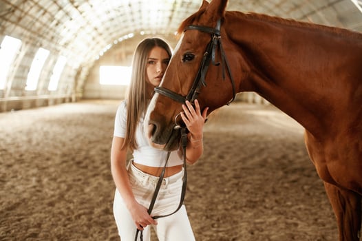 Beautiful young woman is with horse, indoors photo