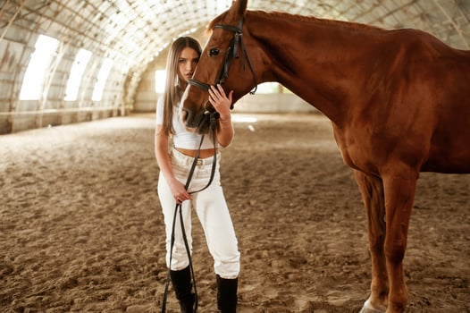 Beautiful young ,woman is with horse indoors photo