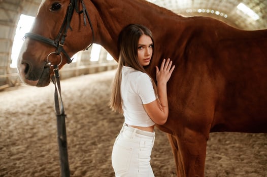 Touching animal by hand and looking at ,the camera. Beautiful young woman is with horse indoors photo