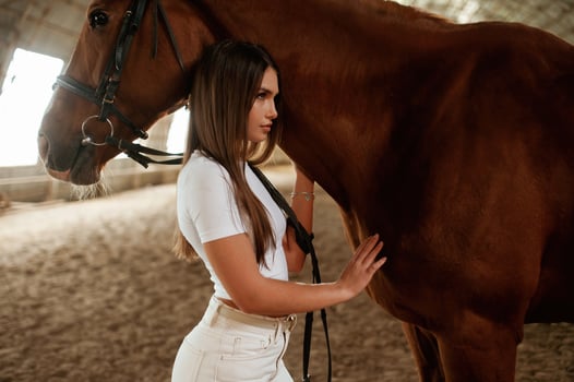 Calm scene, standing. Beautiful young woman is with horse indoors photo