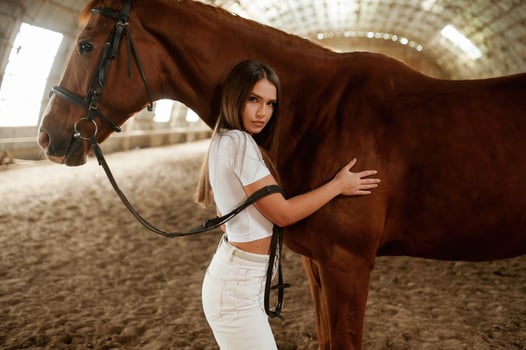 Touching, animal by, hand and looking at the camera. Beautiful young woman is with horse indoors photo