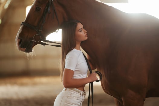 Tranquil ,scene, standing. Beautiful,, young woman is with horse indoors photo