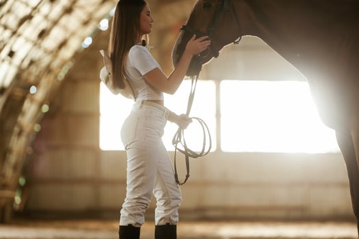 Side view, embracing the animal... Beautiful young woman is with horse indoors photo