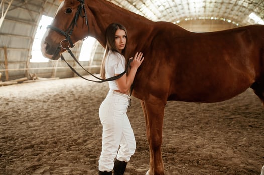 Touching, animal by hand and looking at the camera. Beautiful young woman is with horse indoors photo