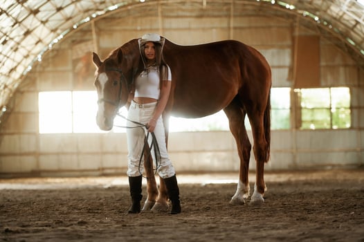 Standing and, posing. Beautiful, young woman is with horse indoors photo