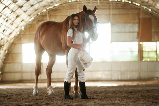 Holding, cowboy hat in hand. Beautiful young woman is with horse indoors photo
