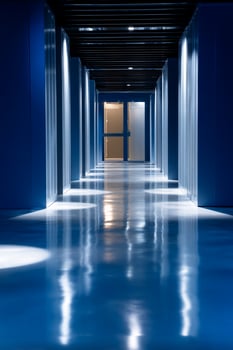 Blue hallway with polished floor and doors photo