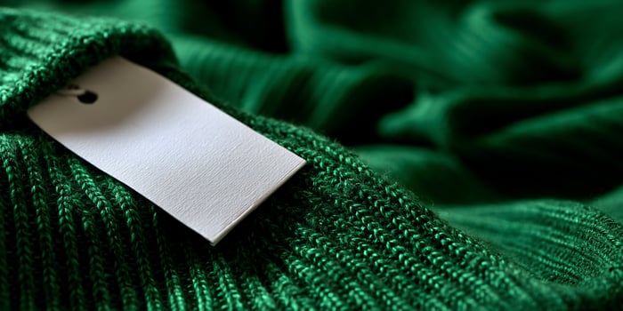 A white label is attached to a green sweater photo