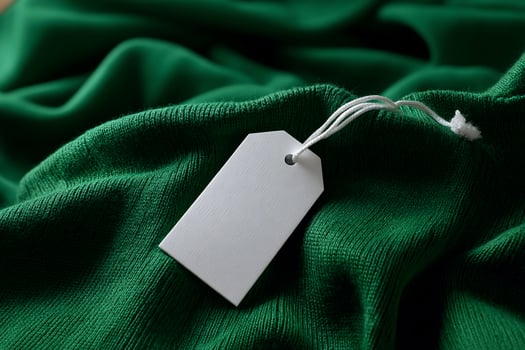 A white tag on a green cloth photo
