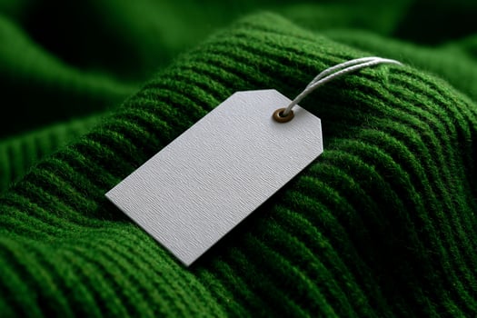 A white tag on a green sweater photo