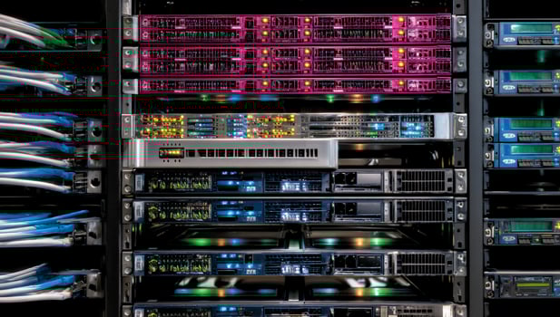 Network rack servers with colored lights and cables. Multiple servers in a server rack, interconnected by network cables. Different colored lights illuminating the components photo