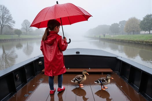 A young girl in a red raincoat standing on a boat with ducks photo