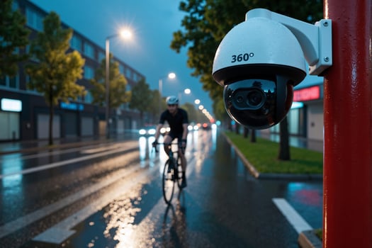 A person riding a bicycle on a wet street photo
