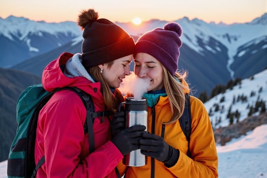 Two women in winter clothing holding a coffee mug photo