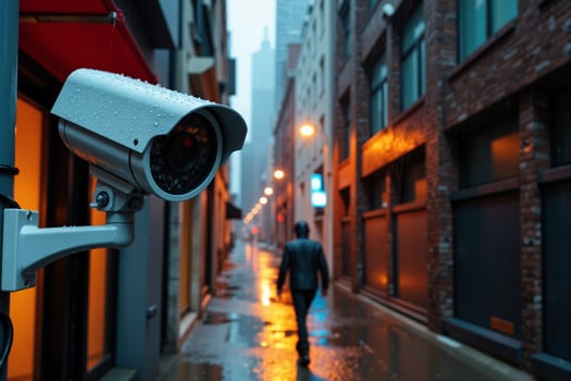 outdoor security camera mounted on a brick wall, monitoring a dark, wet urban alleyway at night as a lone figure walks away in the distance photo