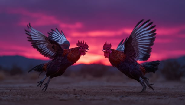 Dynamic rooster competition rural farm photography sunset action shot dramatic motion photo