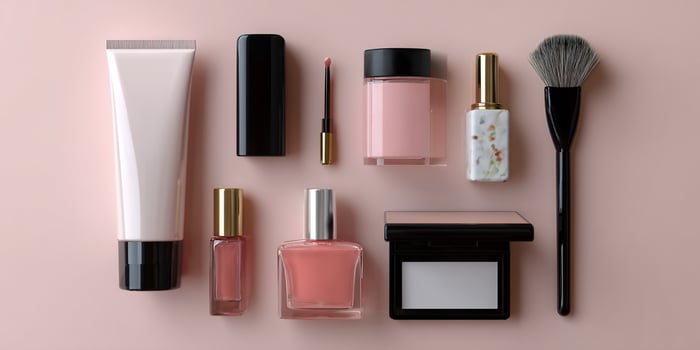 Various cosmetics products arranged on a pink background photo