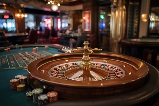 Roulette wheel spinning in luxurious casino gambling hall photo