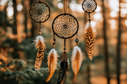 Dream catchers hanging in a forest with golden sunlight photo