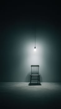 A chair in a dark room with a light bulb photo